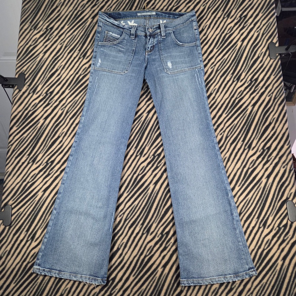 Vintage Y2K Decko Luxury Jeans Blue Flare Leg Floral Embroidered Pockets Size 10